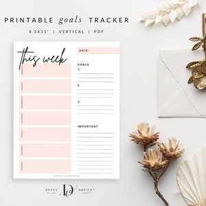 May include: Printable weekly goals tracker with a pink background. The tracker includes a section for daily tasks and a section for goals and important tasks.