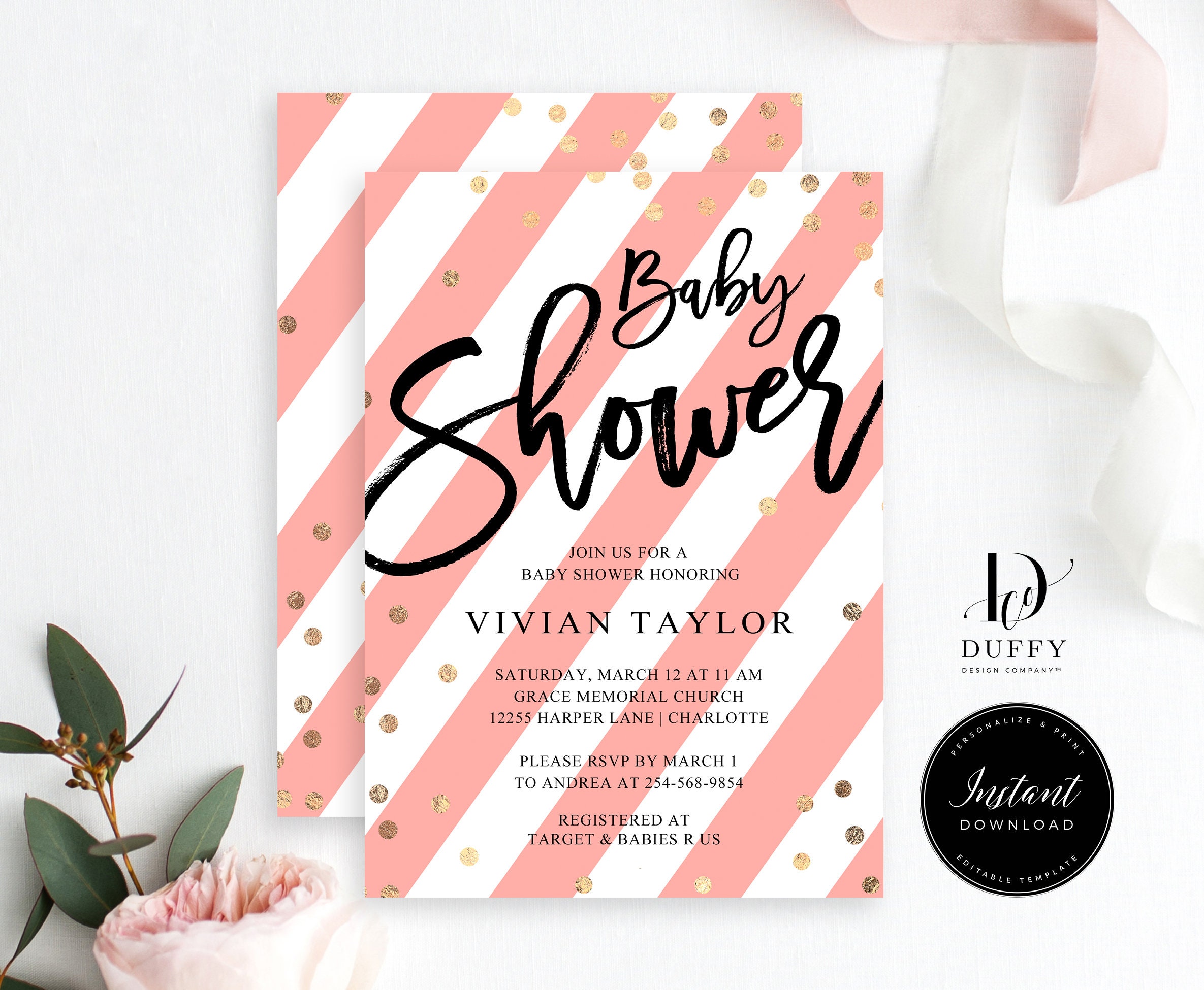 Pink Baby Shower Invitation Girl TEMPLATE, Editable Baby Shower