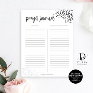 May include: Printable prayer journal with a floral design. The journal is divided into two columns, one for "On My Heart" and the other for "Blessings - Answered Prayers".