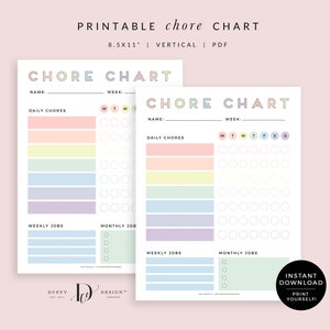 Afdrukbare Rainbow Chore Chart, My Jobs Chart, Dagelijkse wekelijkse maandelijkse verantwoordelijkhedenlijst, Peuterbeloningsgrafiek, INSTANT DOWNLOAD - CC001