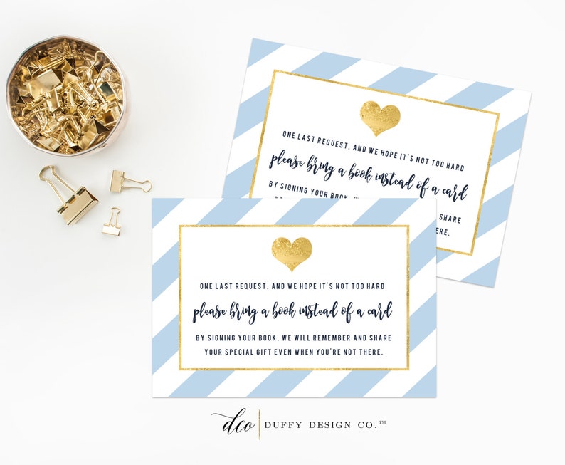 Bring a Book Instead of a Card, Books for Baby Card, One Tiny Request, Book Insert Card, Baby Shower Card Baby Blue Gold Book Card Printable image 1