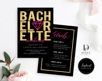 Bachelorette Weekend Invitation With Itinerary, EDITABLE Instant Download Invitations Template, Printable Hens Party Invite, DBACH003