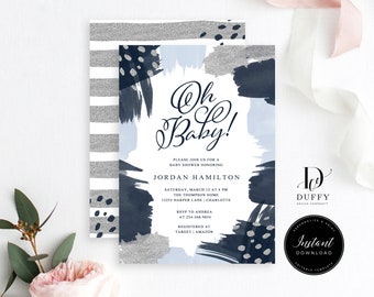 Baby Boy Shower Invitation Template, Navy Blue Baby Shower Invitation Boy INSTANT DOWNLOAD, Baby Shower Invite, Editable Template DB011B