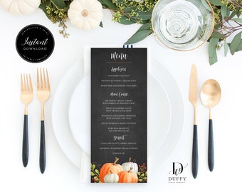 Pumpkin Thanksgiving Menu Editable Template, Fall Wedding Menu Card, Friendsgiving Menu Card, INSTANT DOWNLOAD, DTH002