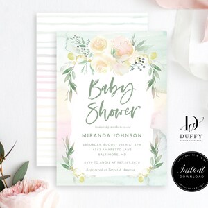 May include: A watercolor baby shower invitation with a floral wreath and the text "Baby Shower" in green script. The invitation is for Miranda Johnson and includes the date, time, location, RSVP information, and registry details.