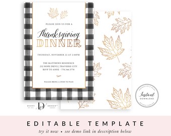 Editable Buffalo Plaid Thanksgiving Dinner Invitation, Friendsgiving Invite Template