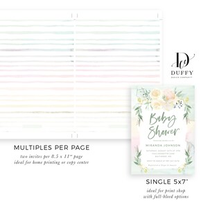 May include: A printable baby shower invitation with a watercolor floral design in shades of pink, green, and white. The text reads "Baby Shower" and includes the name "Miranda Johnson".