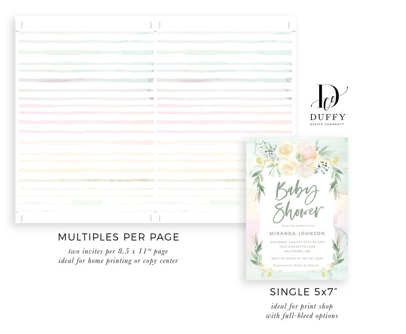 May include: A printable baby shower invitation with a watercolor floral design in shades of pink, green, and white. The text reads "Baby Shower" and includes the name "Miranda Johnson".