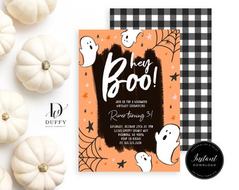 May include: A rectangular Halloween birthday invitation card with an orange background, featuring white ghost illustrations, black spiderwebs, and stars. The text reads Hey Boo! Join us for a Halloween birthday celebration, River turning 3!, Saturday, October 29th at 7pm, 12365 Creepy Crawly Way, Richmond, VA 15836, RSVP to Rachel at 365.325.2658.