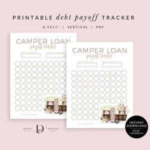May include: Printable 8.5 x 11 inch vertical PDF debt payoff tracker with a camper van illustration. The tracker has two sections with a payment amount and a section for each circle to equal a dollar amount.