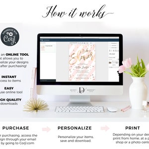 May include: A computer screen shows a pink and gold baby shower invitation design with the text "Baby Shower" in gold script. The screen is on a white desk with a keyboard, a mouse, and a vase of pink flowers.