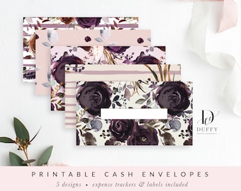 Purple Floral Cash Envelopes with Transaction Tracker, Cash Envelope System, Budget Envelopes Printable, Set of 5, INSTANT DOWNLOAD - CE010