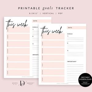 May include: Printable weekly goal tracker with a pink background. The tracker has sections for daily tasks, goals, and important notes. The text "This week" is written in black at the top of the page.
