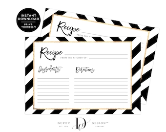 Black and White Recipe Card, Printable Recipe Card, DIY Recipe Cards, 4x6 Recipe Card, Bridal Shower Recipe Card, PDF Instant Download