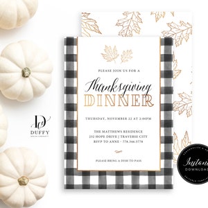 Buffalo Plaid Thanksgiving Invitation Template, Thanksgiving Dinner Invitation, Thanksgiving Feast invite, Give Thanks Invitation, DTH005