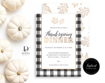 Buffalo Plaid Thanksgiving Invitation Template, Thanksgiving Dinner Invitation, Thanksgiving Feast invite, Give Thanks Invitation, DTH005