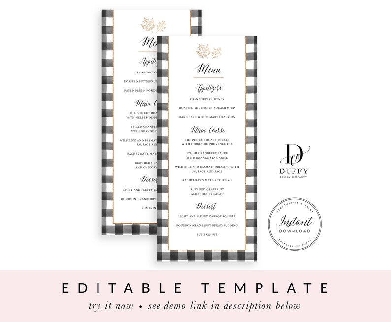 May include: Editable Thanksgiving menu template with a black and white buffalo plaid background. The menu includes appetizers, main course, and dessert options. The text is in a black cursive font with gold accents.
