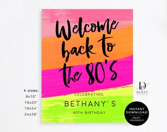 80s Party Printable Welcome Sign, Back to the 80s, Throwback Party, 80s Theme Birthday Party, Neon Party Sign INSTANT DOWNLOAD DBIR001