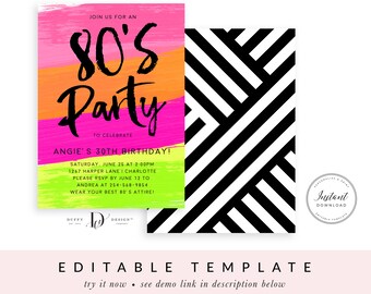 Neon 80s Birthday Party Invitation Template, Editable Retro Printable Invite