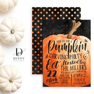 May include: A black and orange polka dot background with a watercolor pumpkin illustration. The text reads "Join us for a Pumpkin Carving Party Oct 22 6pm Hosted by The Millers 1253 Spooky Way | Charleston Bring your own pumpkin & carving supplies RSVP by Oct 15 to Alex at 623.256.3258"