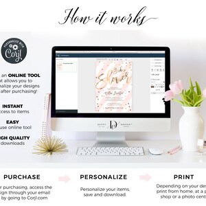 May include: A computer screen shows a pink and gold baby shower invitation design with the text "Baby Shower" in gold script. The screen is on a white desk with a keyboard, a mouse, and a vase of pink flowers.