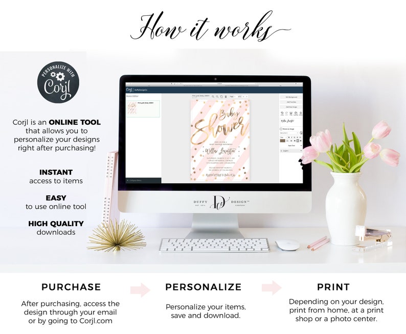 May include: A computer screen shows a pink and gold baby shower invitation design with the text "Baby Shower" in gold script. The screen is on a white desk with a keyboard, a mouse, and a vase of pink flowers.