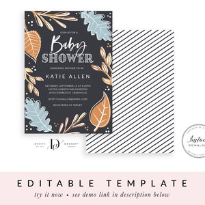 May include: A black and white striped background with a black card on top. The card has a dark gray background with gold and blue fall leaves and the text "Join us for a Baby Shower honoring Mother-to-be Katie Allen. Saturday, September 15 at 2:00pm Hilton Garden Inn Sunroom 3478 Cypress St Nashville RSVP to kaallen@gmail.com Registered at Target".