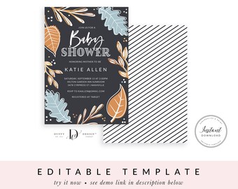 Navy Woodland Fall Baby Shower Invitation | Editable Template | Instant Download PDF