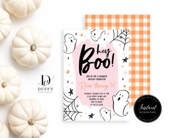 May include: A rectangular Halloween birthday invitation card featuring the text Hey Boo! and River turning 3! over a pink brushstroke background. The design includes white ghost illustrations, black spiderwebs, and orange and black stars.