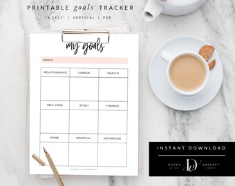 May include: Printable "my goals" tracker with a pink header and a grid of 9 boxes. Each box has a category label: relationships, career, health, self-care, study, finance, home, spiritual, and adventure. The tracker is 8.5 inches by 11 inches and is designed for vertical use.