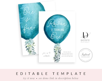Blue Watercolor Balloon Birthday Invitation | Editable Template | Instant Download