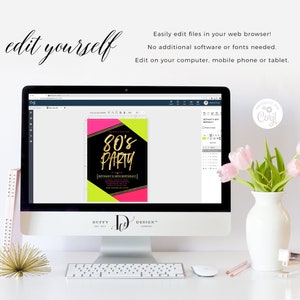 May include: A computer screen displaying a customizable 80's party invitation template with a black background, gold text, and neon pink and green accents. The text on the invitation reads "80's Party". The invitation is being edited in a web browser.