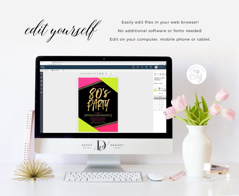 May include: A computer screen displaying a customizable 80's party invitation template with a black background, gold text, and neon pink and green accents. The text on the invitation reads "80's Party". The invitation is being edited in a web browser.