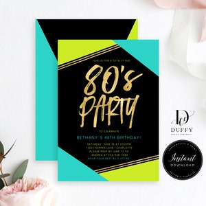 80's Birthday Invitation Template, 80s Themed Neon Party Invitations, Men's 80's Party Invitation, INSTANT DOWNLOAD, DBIR011