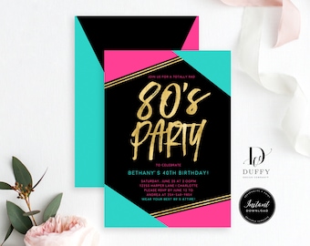 80's Birthday Invitation Template, 80s Themed Neon Party Invitations, 80's Party Invitation, INSTANT DOWNLOAD, DBIR011