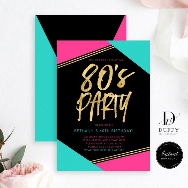 80's Birthday Invitation Template, 80s Themed Neon Party Invitations, 80's Party Invitation, INSTANT DOWNLOAD, DBIR011