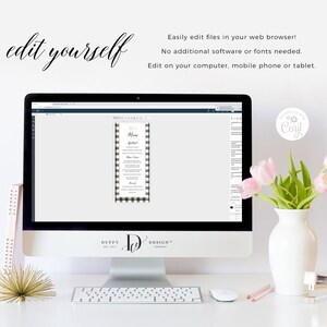 May include: A computer screen displaying a black and white checkered menu template with the word "Menu" in gold lettering. The text "Edit on your computer, mobile phone or tablet" is displayed on the screen. The text "Duffy Design" is displayed on the computer.