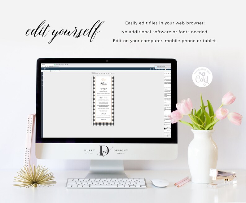 May include: A computer screen displaying a black and white checkered menu template with the word "Menu" in gold lettering. The text "Edit on your computer, mobile phone or tablet" is displayed on the screen. The text "Duffy Design" is displayed on the computer.