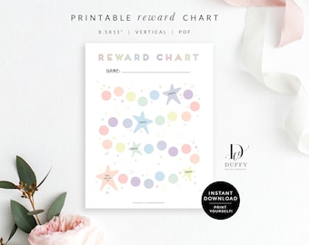 May include: Printable reward chart with a pastel rainbow color scheme. The chart features a star-shaped path with circles to color in as rewards. The text "REWARD CHART" is at the top of the chart, and "NAME:" is below it. The text "INSTANT DOWNLOAD PRINT YOURSELF!" is at the bottom of the chart.