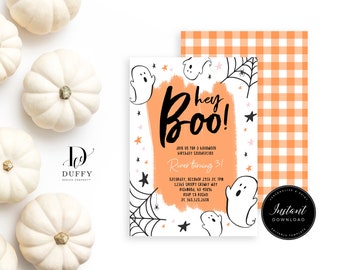 May include: A rectangular Halloween birthday invitation card featuring the text Hey Boo! with black hand-lettered style font over an orange brushstroke background. The design includes white ghost illustrations, black spiderwebs, and small orange and pink stars.
