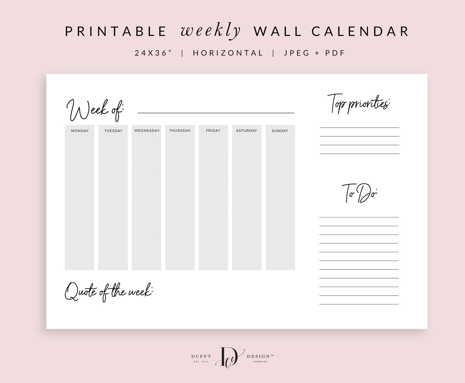 Large Weekly Wall Calendar PRINTABLE Weekly Schedule Board Etsy Canada