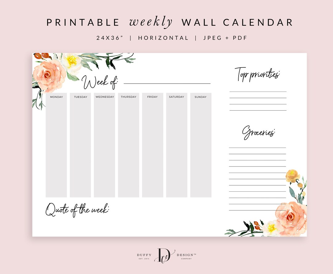 Floral Weekly Wall Calendar PRINTABLE, Weekly Schedule Board, Large ...