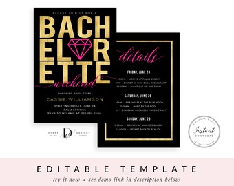 Editable Black Gold Glam Bachelorette Weekend Itinerary Invitation Corjl Template