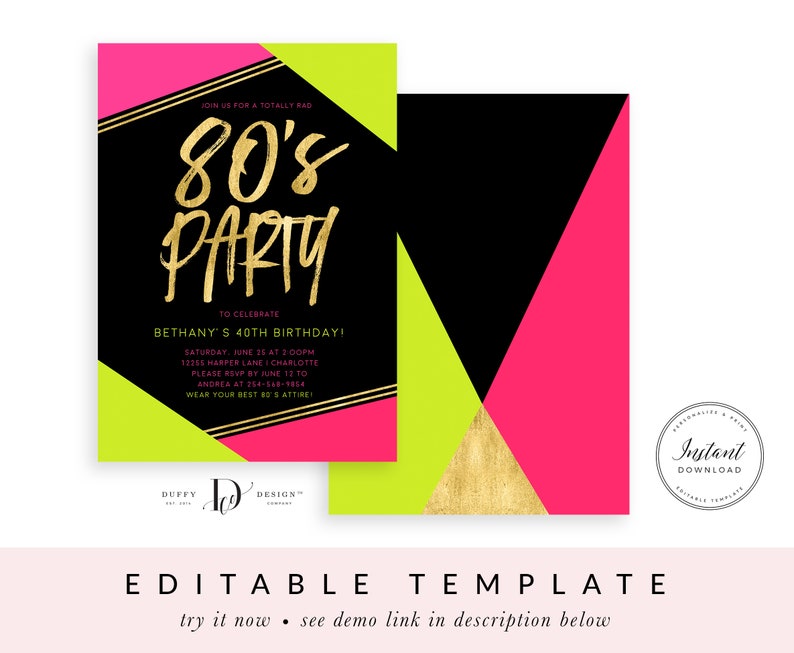 May include: Editable 80's party invitation template with a black, pink, and green geometric design. The text says "Join us for a totally rad 80's Party" and includes details for a 40th birthday party.