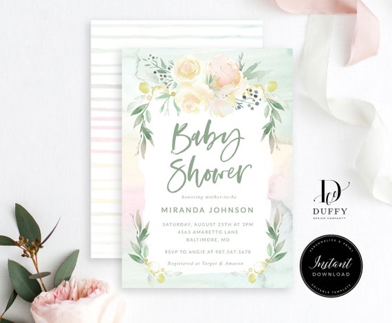 Gender Neutral Baby Shower Invitation Template, Greenery Baby Shower Invite, DB007