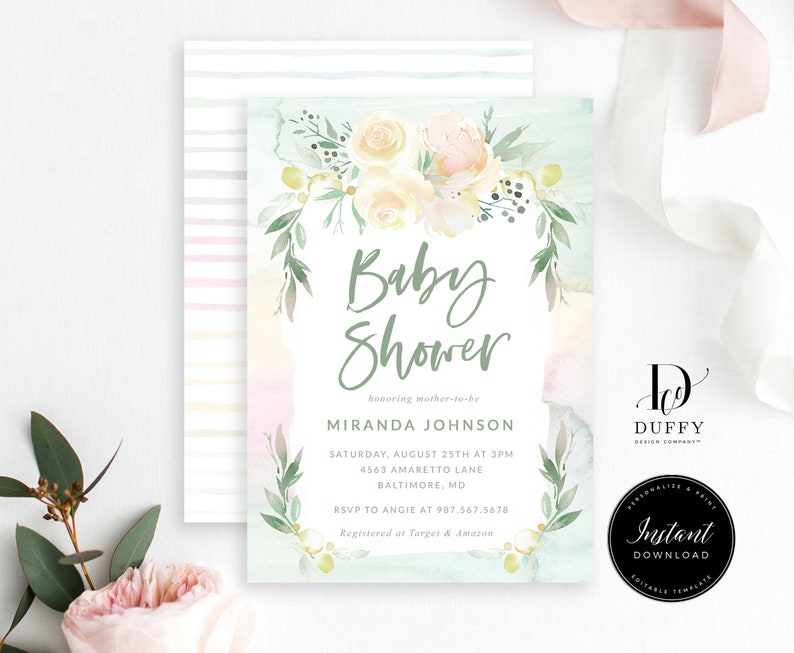 May include: A watercolor baby shower invitation with a floral design in shades of pink, yellow, and green. The text reads "Baby Shower" and includes the name "Miranda Johnson", the date and time of the event, and the address. The invitation also includes the RSVP information and the registry information.