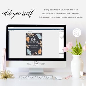 May include: A computer screen displaying a baby shower invitation with a fall theme. The invitation features a dark blue background with gold and orange leaves, branches, and the text "Baby Shower" in white. The invitation is being edited on a website called "Corjl".