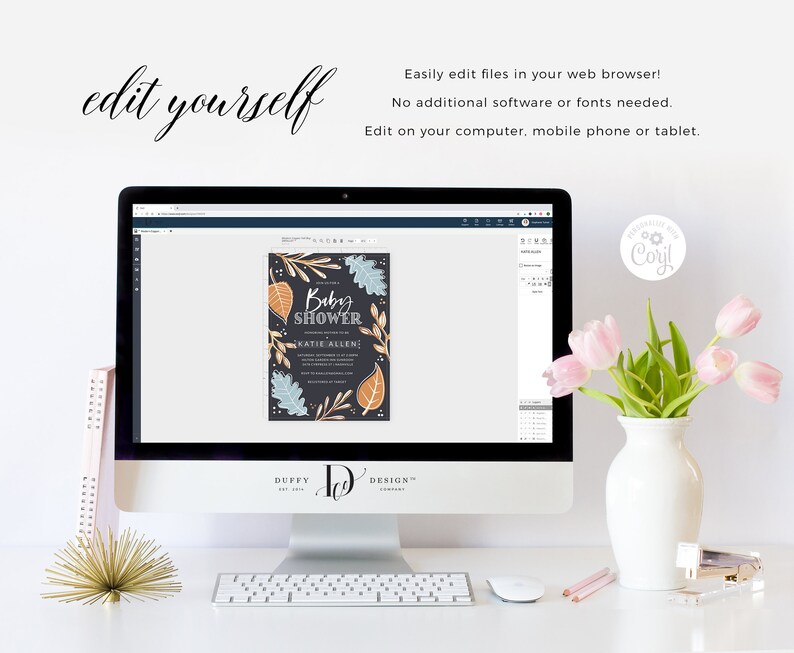 May include: A computer screen displaying a baby shower invitation with a fall theme. The invitation features a dark blue background with gold and orange leaves, branches, and the text "Baby Shower" in white. The invitation is being edited on a website called "Corjl".