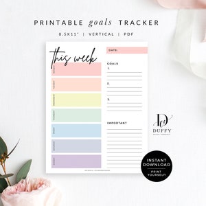 Weekly Goals Planner Worksheet, Goal Progress Tracker, Printable Goal planning Sheet, Fitness Tracker, Financial Goal Planning, WGT001