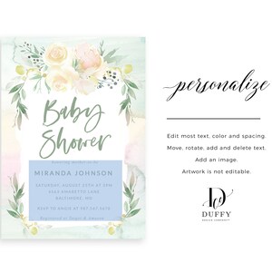 May include: A watercolor baby shower invitation with a floral wreath and the text "Baby Shower" in green script. The invitation includes the name "Miranda Johnson", the date and time of the shower, the address, and RSVP information.
